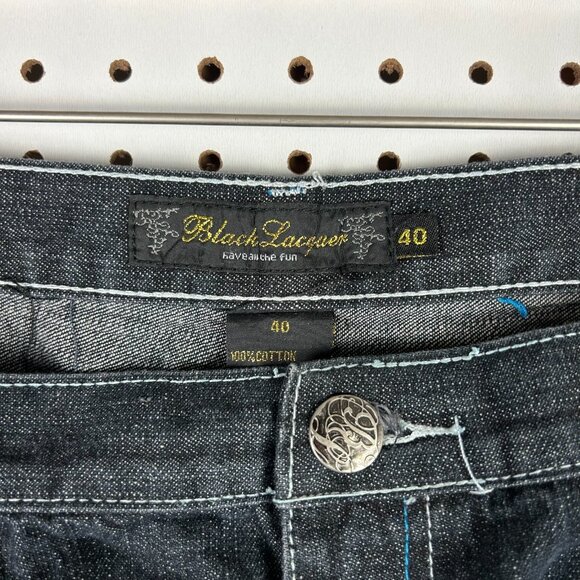 Black Lacquer Y2K Embroidered Jeans 38x31 Skater Punk Streetwear Black Goth 90s - Picture 6 of 7